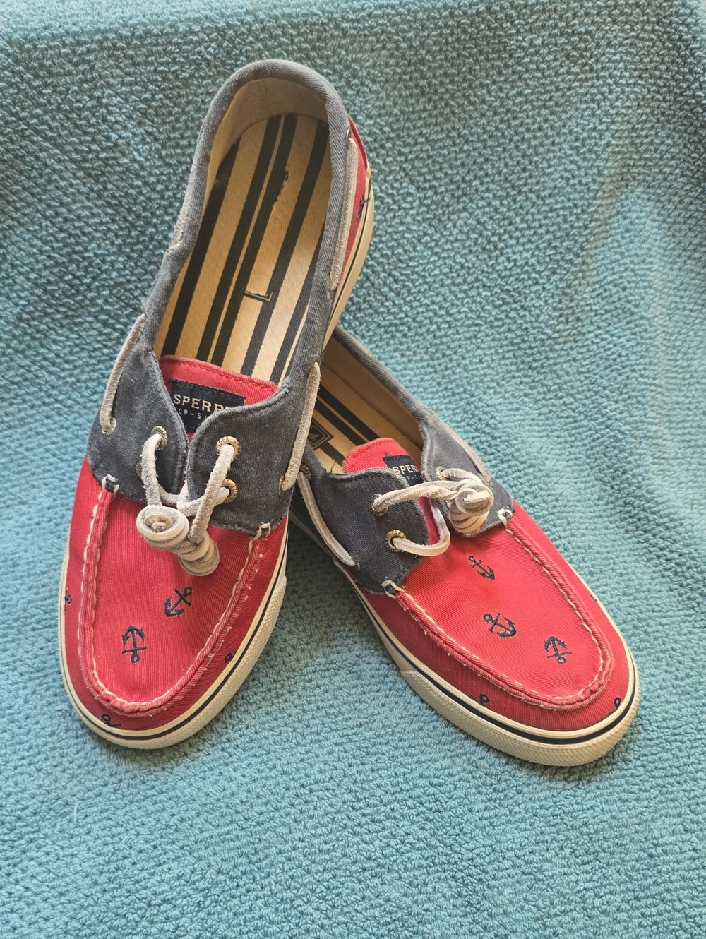 Sperry Red and Navy Anchor Canvas Boat Shoes